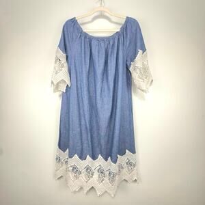Mlle Gabrielle Dress XL Boho Cottagecore Denim Romantic Feminine Lace Cotton
